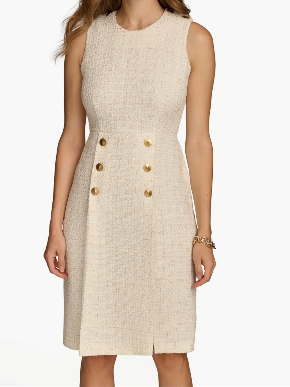 Donna Karan Cream Tweed Sleeveless Sheath with Gold Buttons